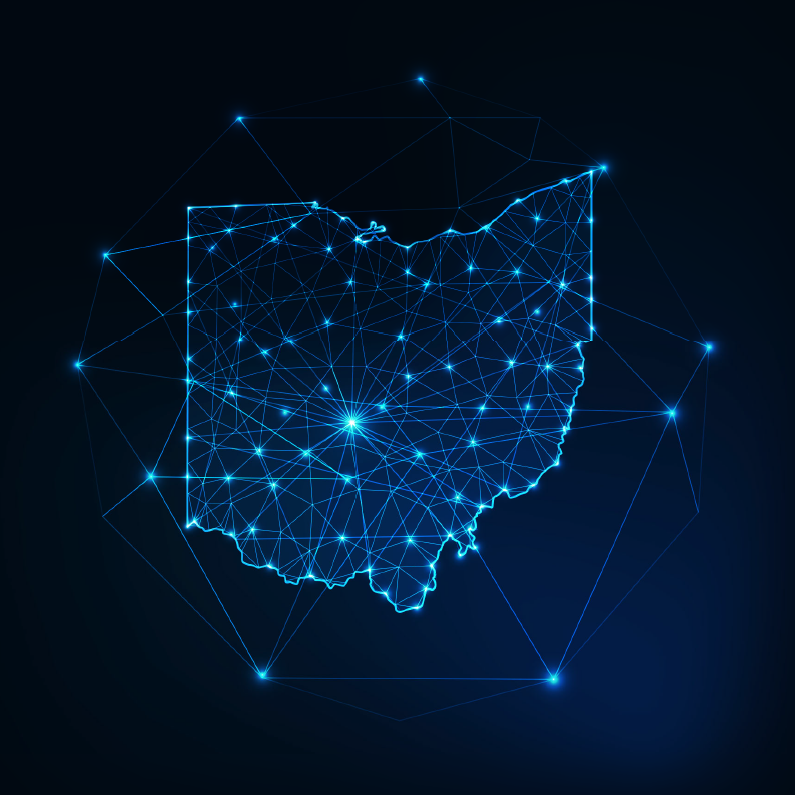 State outline of Ohio with crisscrossing network nodes