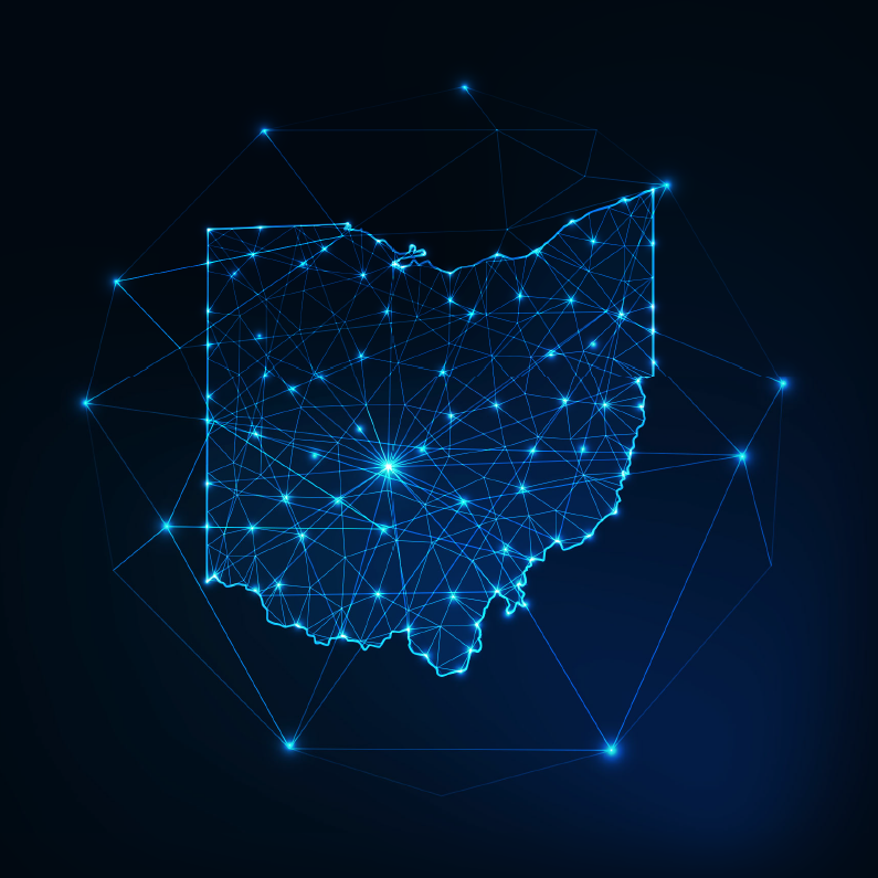 Network lines running through an outline of the state of Ohio