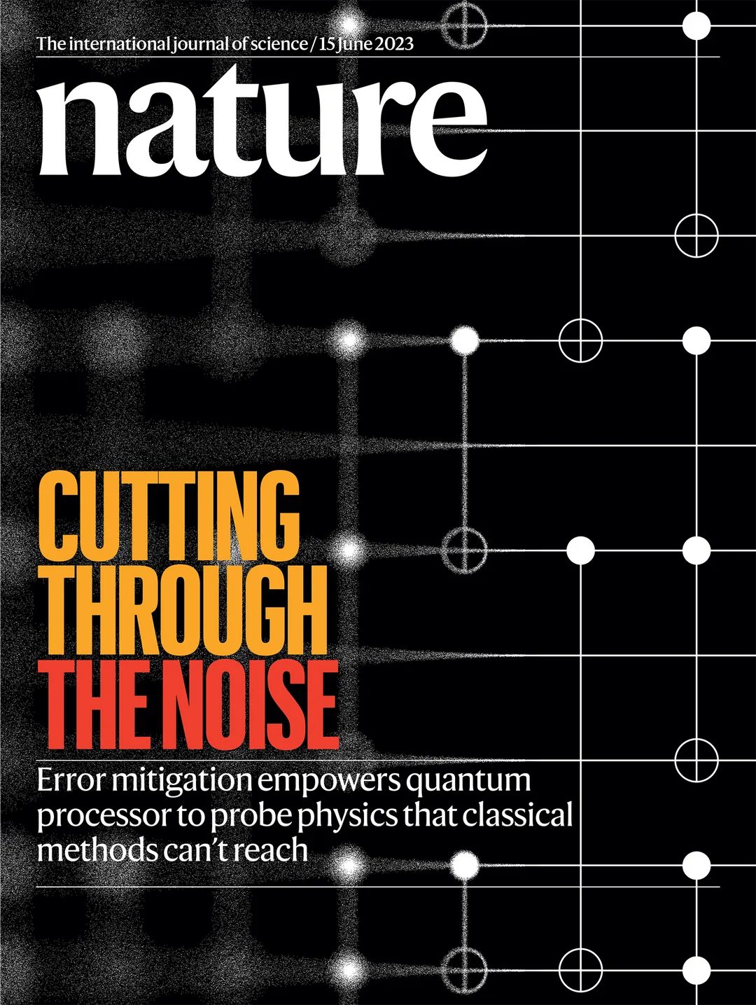The International Journal of Science Nature cover from 6/15/23. Black with white lines and dots. Lead story "Cutting through the noise: error mitigation empowers quantum processor to probe physics that classical methods can't reach."